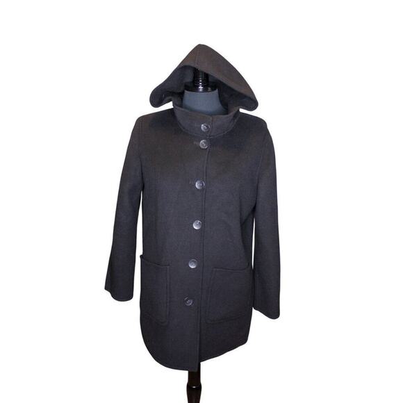 J Jill Wool Angora Blend Black Hooded Coat Buttoned Classic Academia - Picture 1 of 4